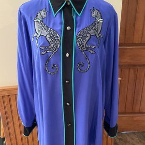 Bob Mackie Wearable Art:  Purple Button-Down with Embroidered Leopards,  1X